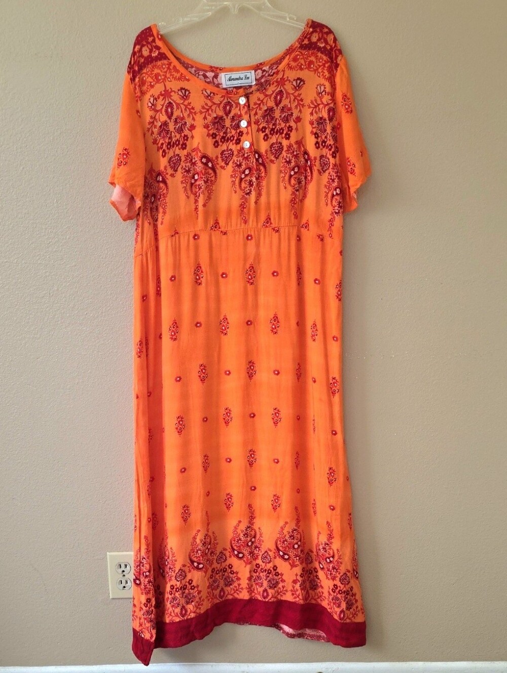 Alexandra Lee Orange Red Medallion Boho Button Front Midi Dress